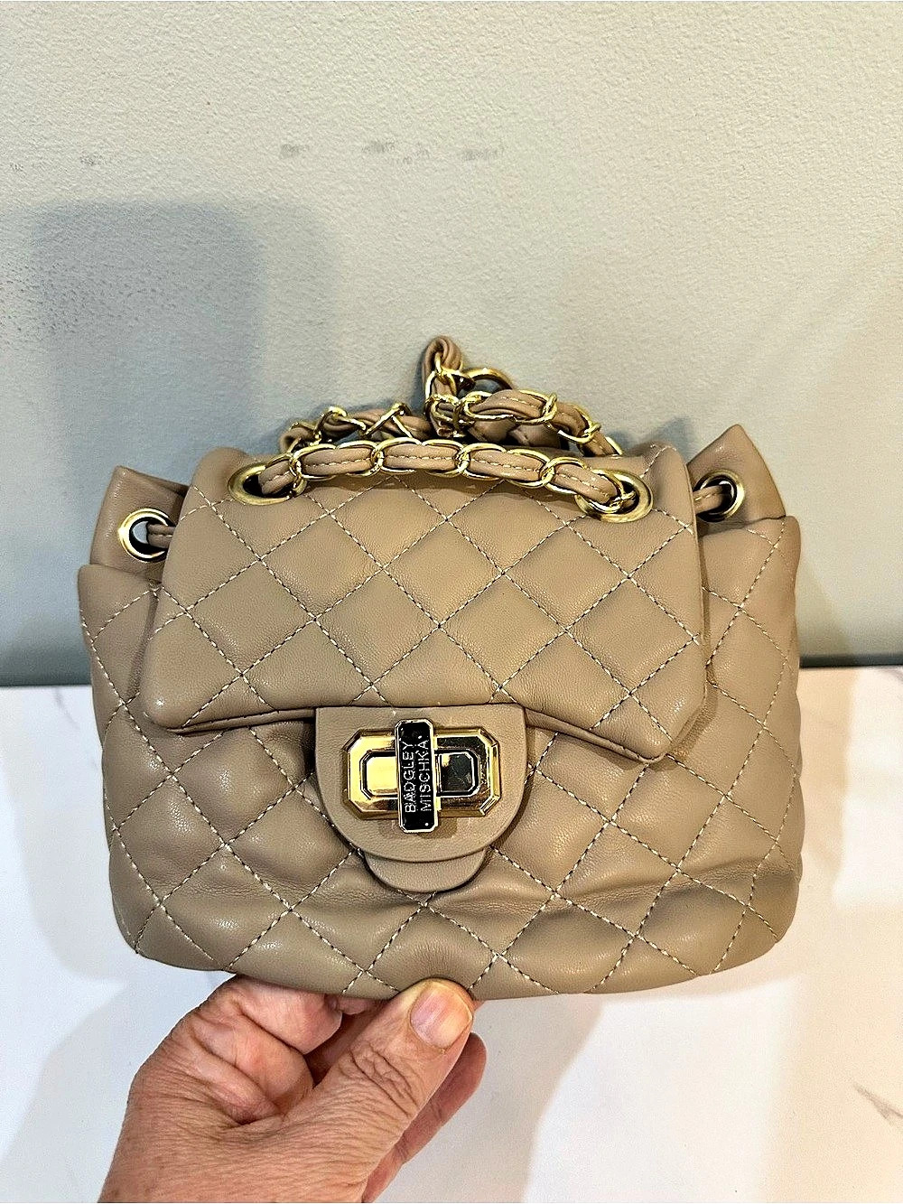 Badgley Mischka Micro Mini Quilted Backpack Brown